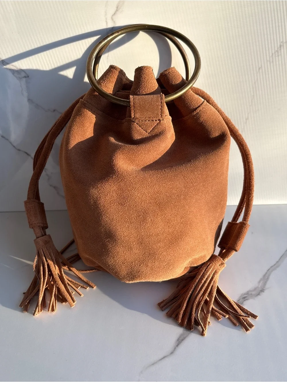 World Market Brown Suede Bucket Bag Metal Ring Handle Drawstring Leather Purse